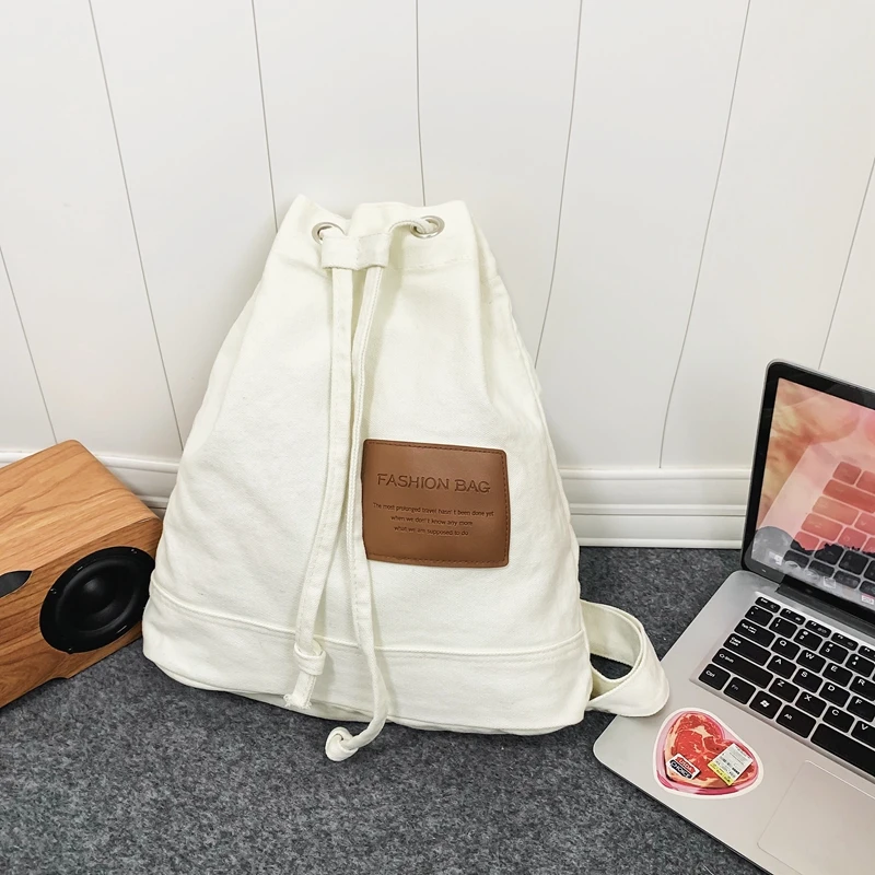 New Drawstring Canvas Backpack for Women Leisure School Backpack Trendy Cool Female Schoolbag Girl Kawaii Travel Student Bag