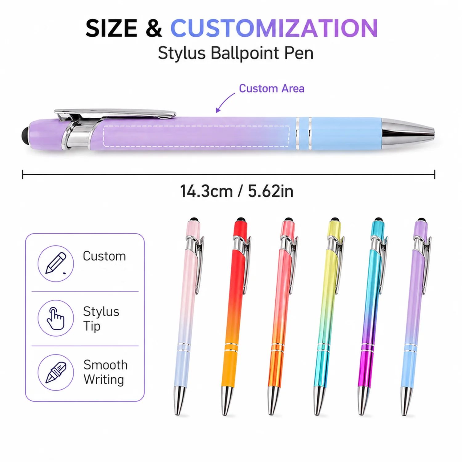2 in 1 Stylus Pen Ballpoint Touch Screen Custom Logo Pen 6 Color Options Smooth Writing Gift for Business School Home Office