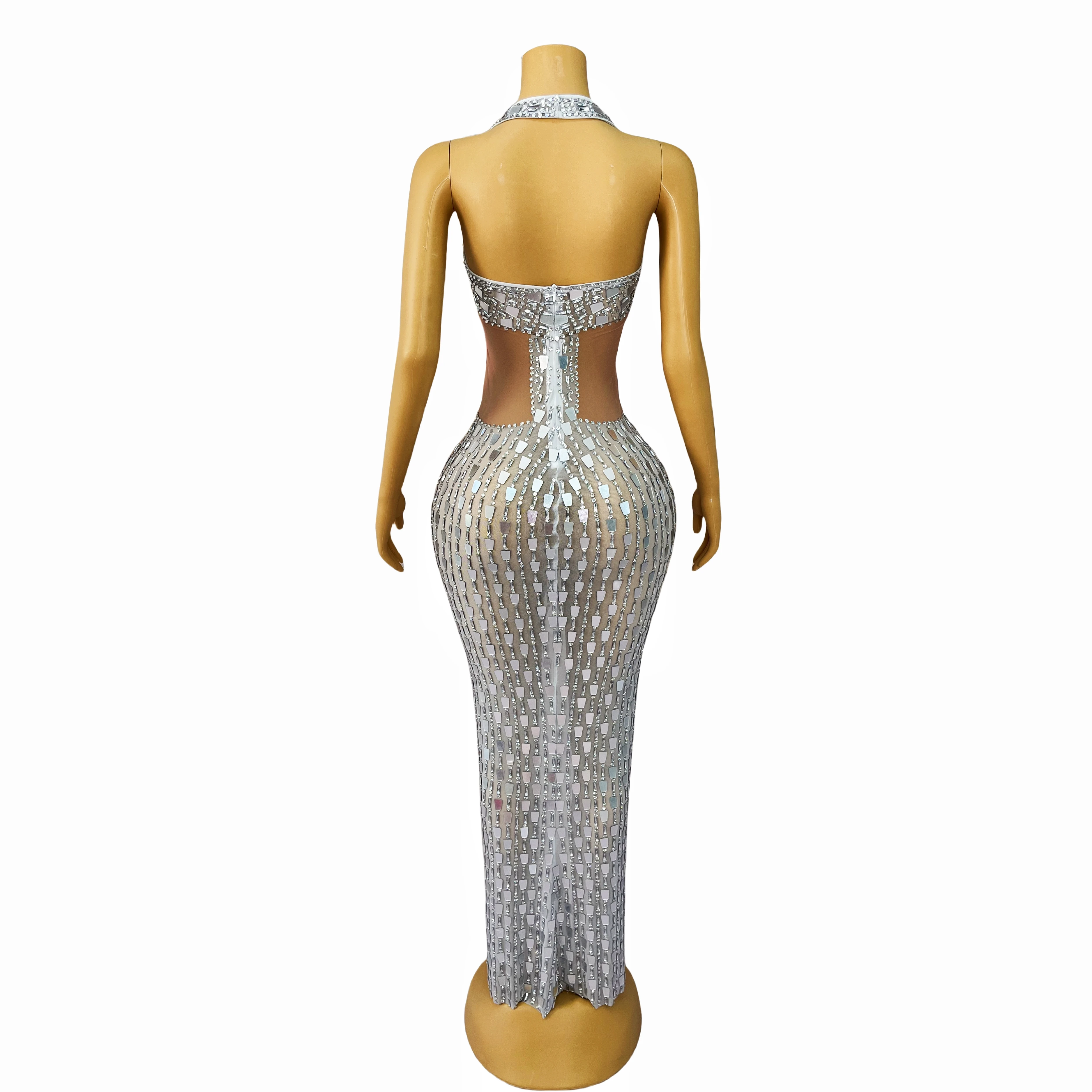 Shining Silver Rhinestones Mirrors Halterneck Backless Dress Women Birthday Cocktail party Evening Gown Strech Costume Shanguang