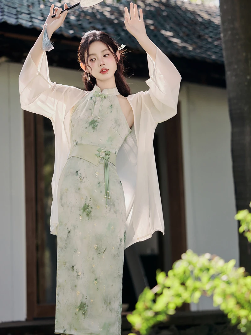 Novo vestido de estilo nacional zen chinês, estilo jovem, cheongsam pendurado no pescoço, cintura fechada e vestido fino para mulheres