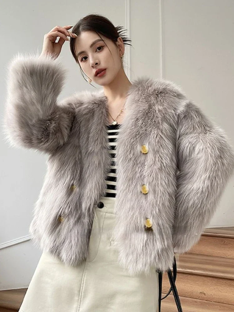 Fur Integrated Fashion New Women\'s Warm Coat Single Breasted Elegant Temperament Loose Plush Simulation Fur Casual Jacket