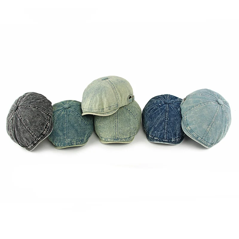 Washed Denim Newsboy Cap for Men Women Vintage 8 Panel Flat Hat British Retro Beret Style Casual Gatsby Driving Cap