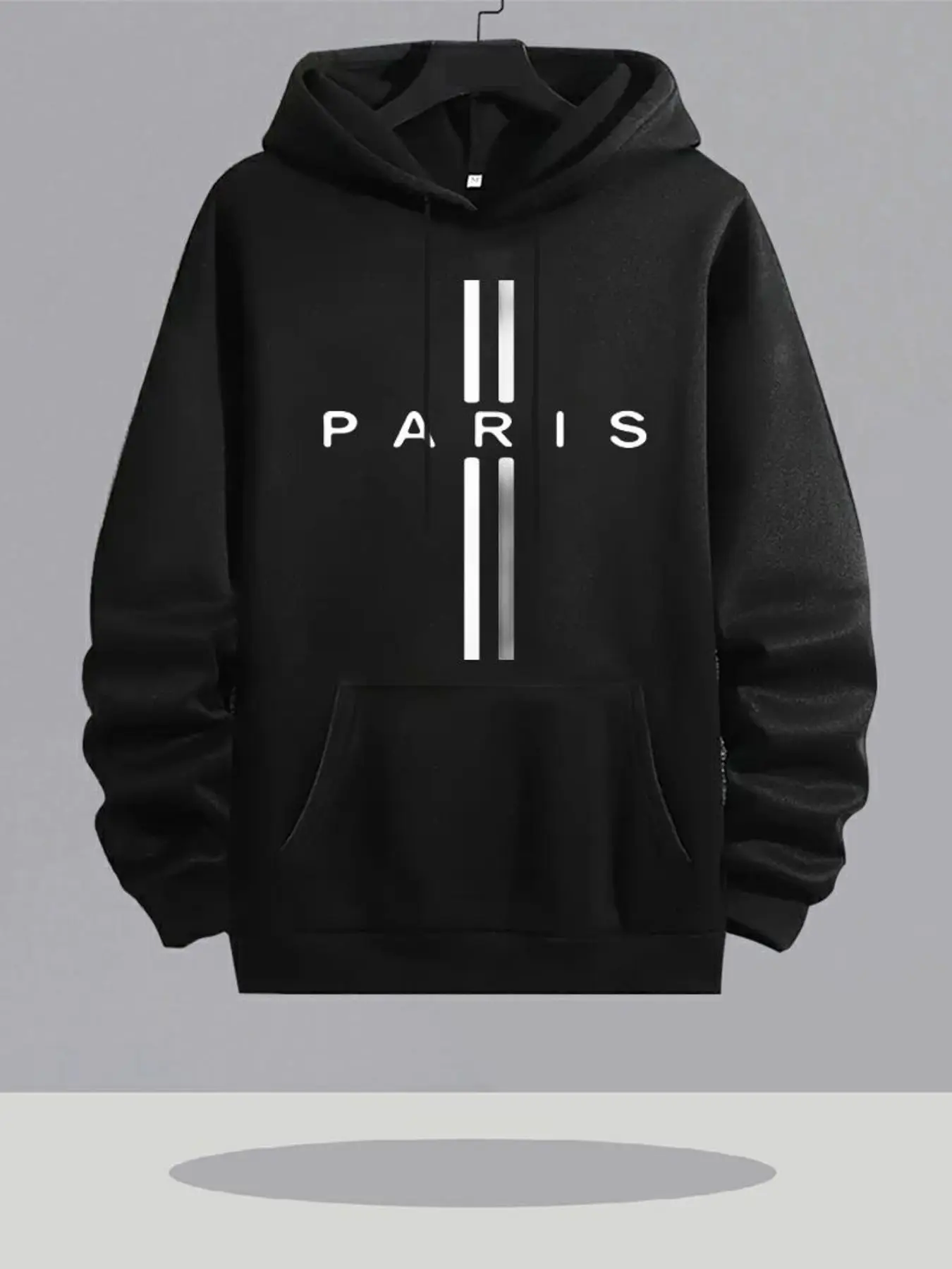 Schwarzer Paris Frankreich Eiffelturm & Französischer Text Print Kapuzenpullover - Langarm Relaxed Fit Hoodie mit Kangaroo-Tasch