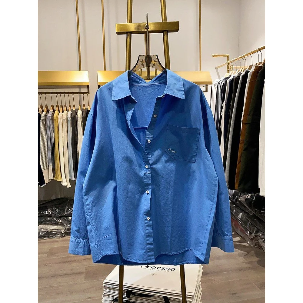 

Весна 2026, ранняя осень: Женская рубашка в корейском стиле, свободного кроя, с асимметричной вышивкой букв, из чистого хлопка, с длинным рукавом, Cleanfit S...