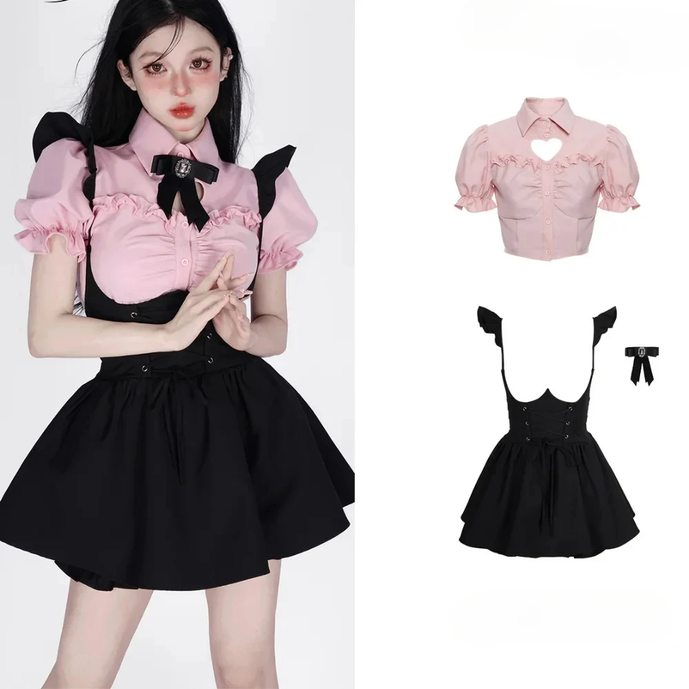 

Summer Cute Girl Kawaii Women Korean Stlye Elegant Pink Puffed Sleeves Heart Hollow Shirt + Black Suspender Mini Skirt 2025