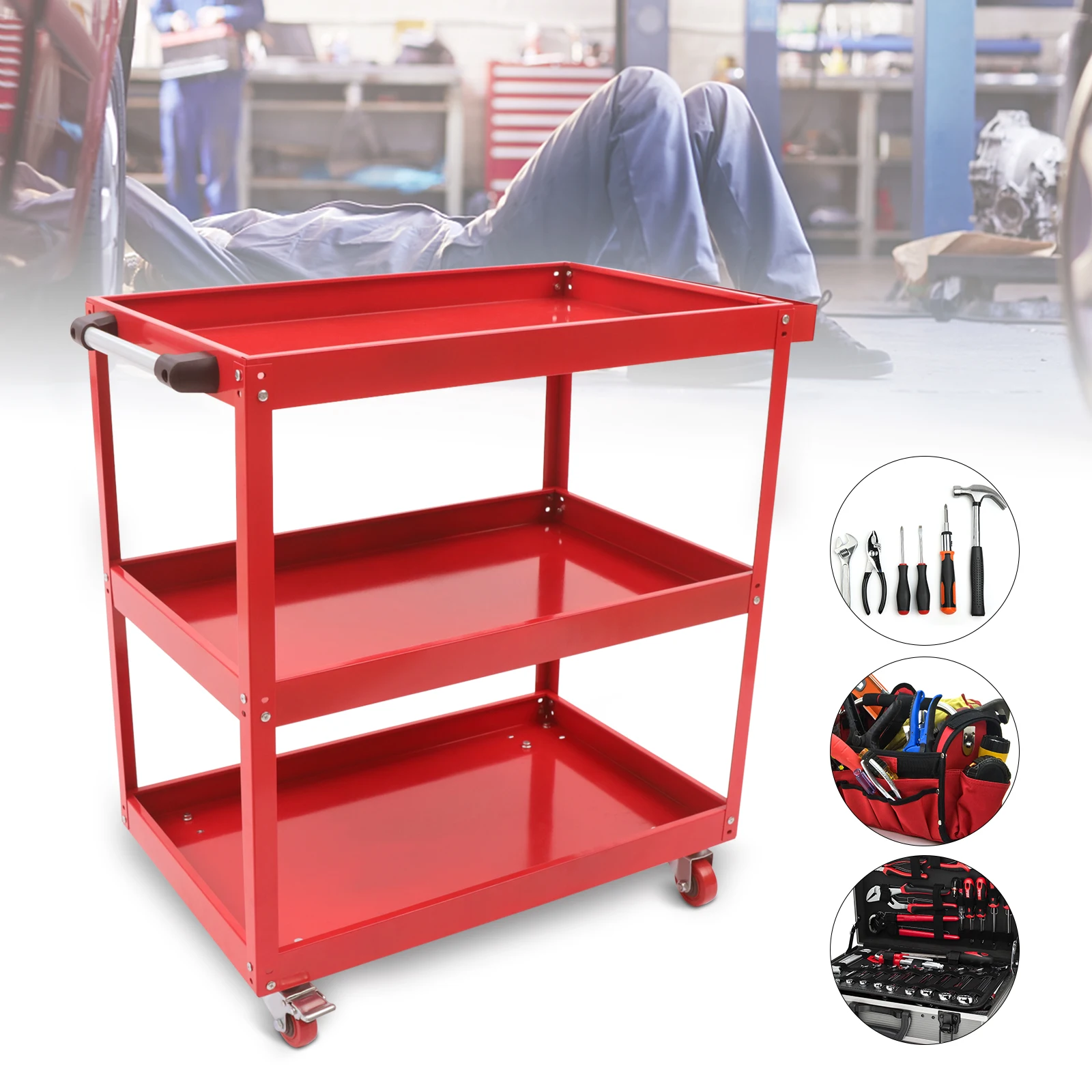 CNCEST 3 Tier Rolling Tool Cart, 330 LBS Capacity Heavy Duty Utility Industrial Service Cart Tool Organizer W/ Storage Drawer