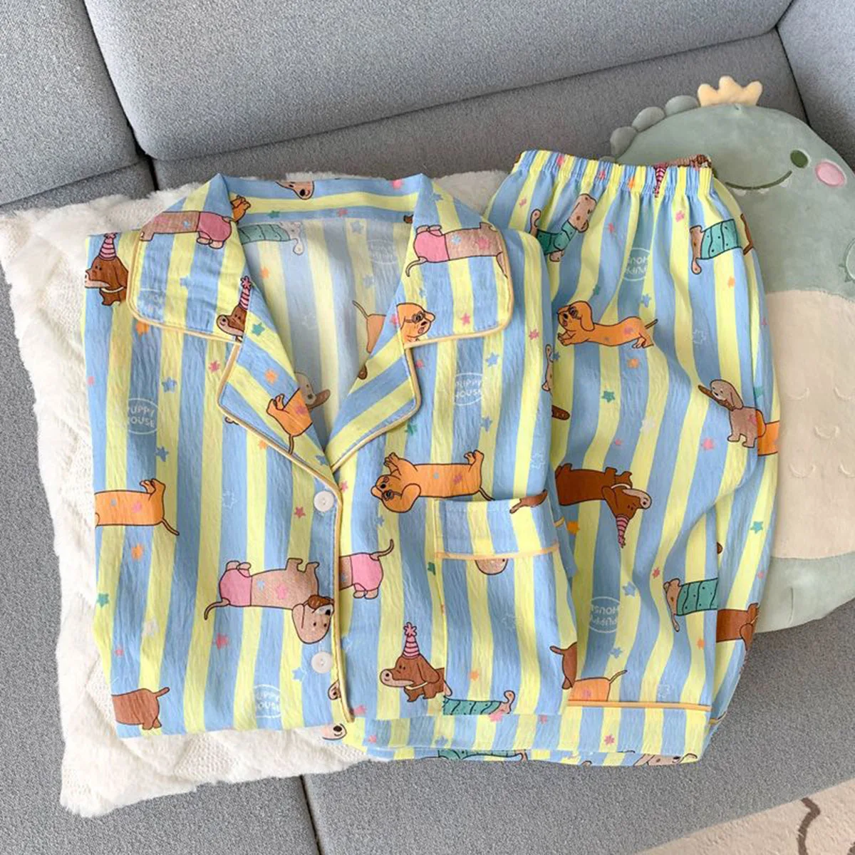 Sternen- und Streifen-Hunde-Print Kawaii-Pyjama für Frauen Y2K Mode Reverskragen Damen-Pyjama Sommer Neu Süß Niedlich Hauskleidung für Frauen – Detail 6