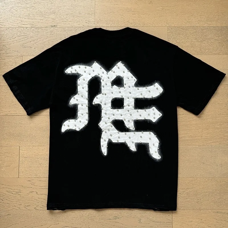 Mixed Emotion - Retro American-style Diamond Letter Print Loose-Fitting Casual Worn-and-Washed Short-Sleeved T-Shirt