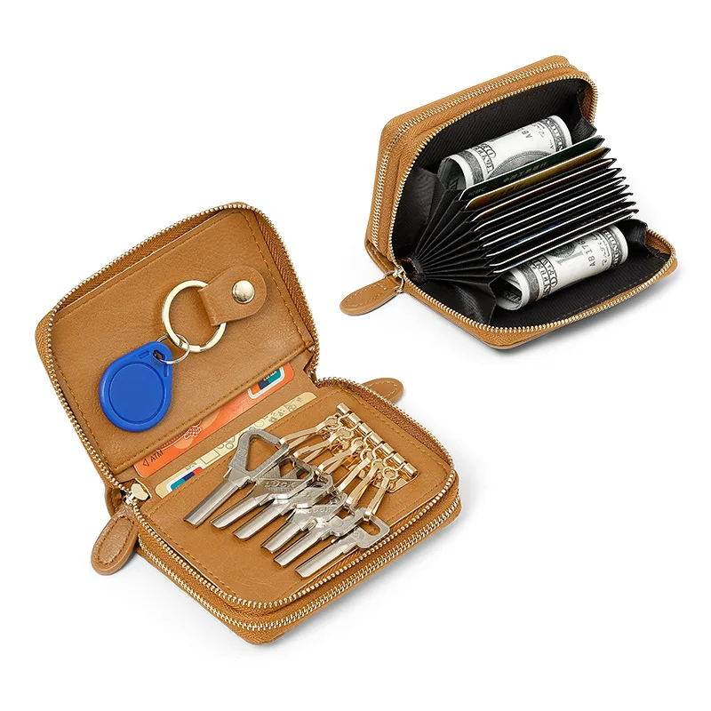 Unisex Large Capacity Accordion Card Holder Key Storage Zipper Wallet Multi-Function Door Access Control Organizer