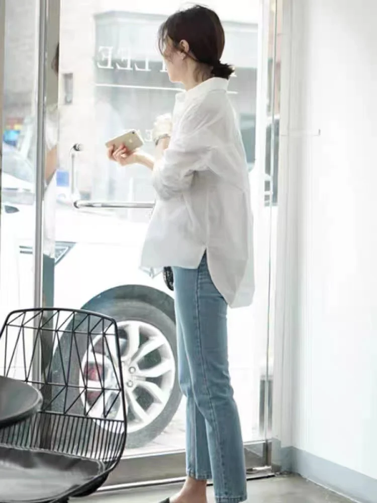 Top suelto informal blanco irt para mujer primavera otoño Dongda Gate Design Sensation talla grande grasa MM tejido algodón largo Sve P...