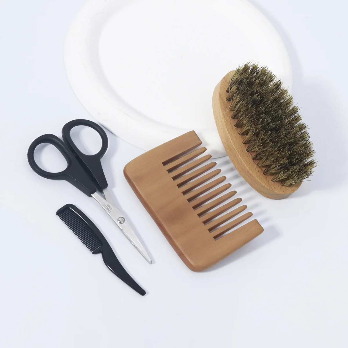 Conjunto de estilo de barba masculino – mini tesoura de barba, escova de juba de madeira, mini pente, adequado para todos os penteados