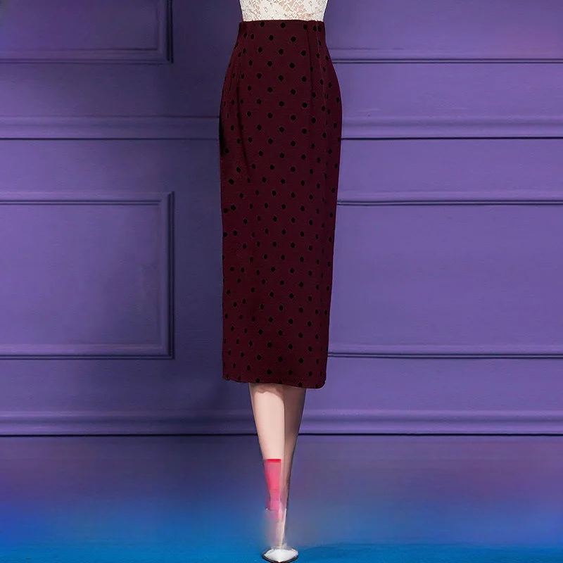 

Red Polka Dot Midi Skirt Women's Business Style Half-length Spring Vintage High-waist Straight-cut Slimming Skirts
