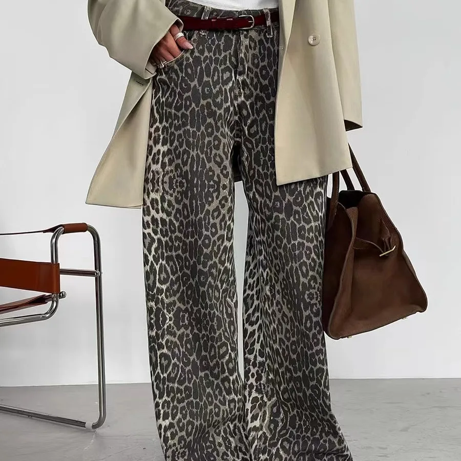 

Повседневные длинные широкие брюки с леопардовым принтом длиной до пола, свободные брюки с высокой талией и цветочным узором для женщин