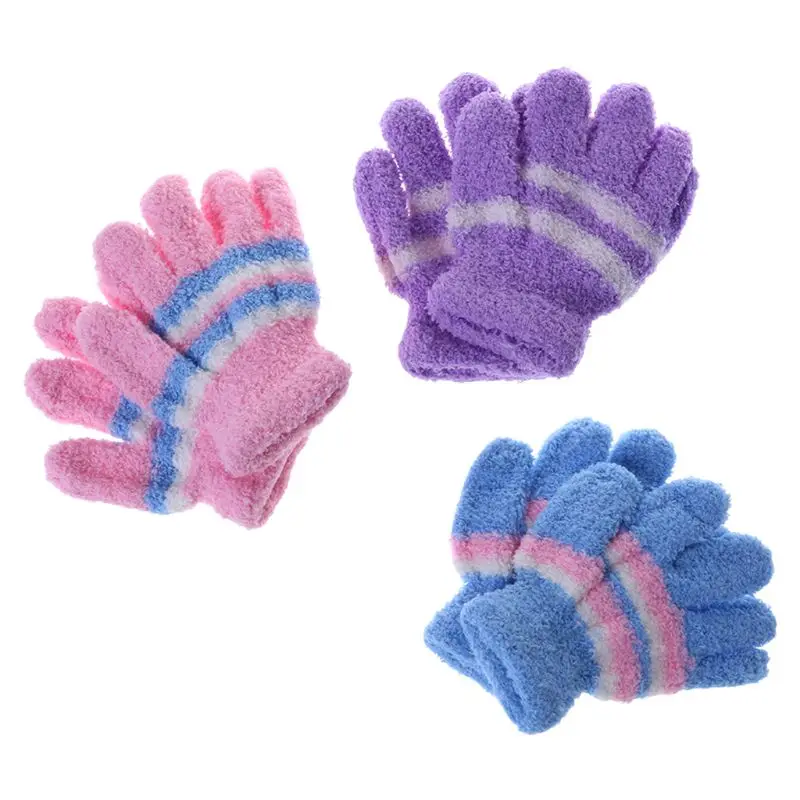 Plush Stripe Mittens Baby Gloves with String Cartoon Gloves Winter Warm Full Finger Mittens Random Color