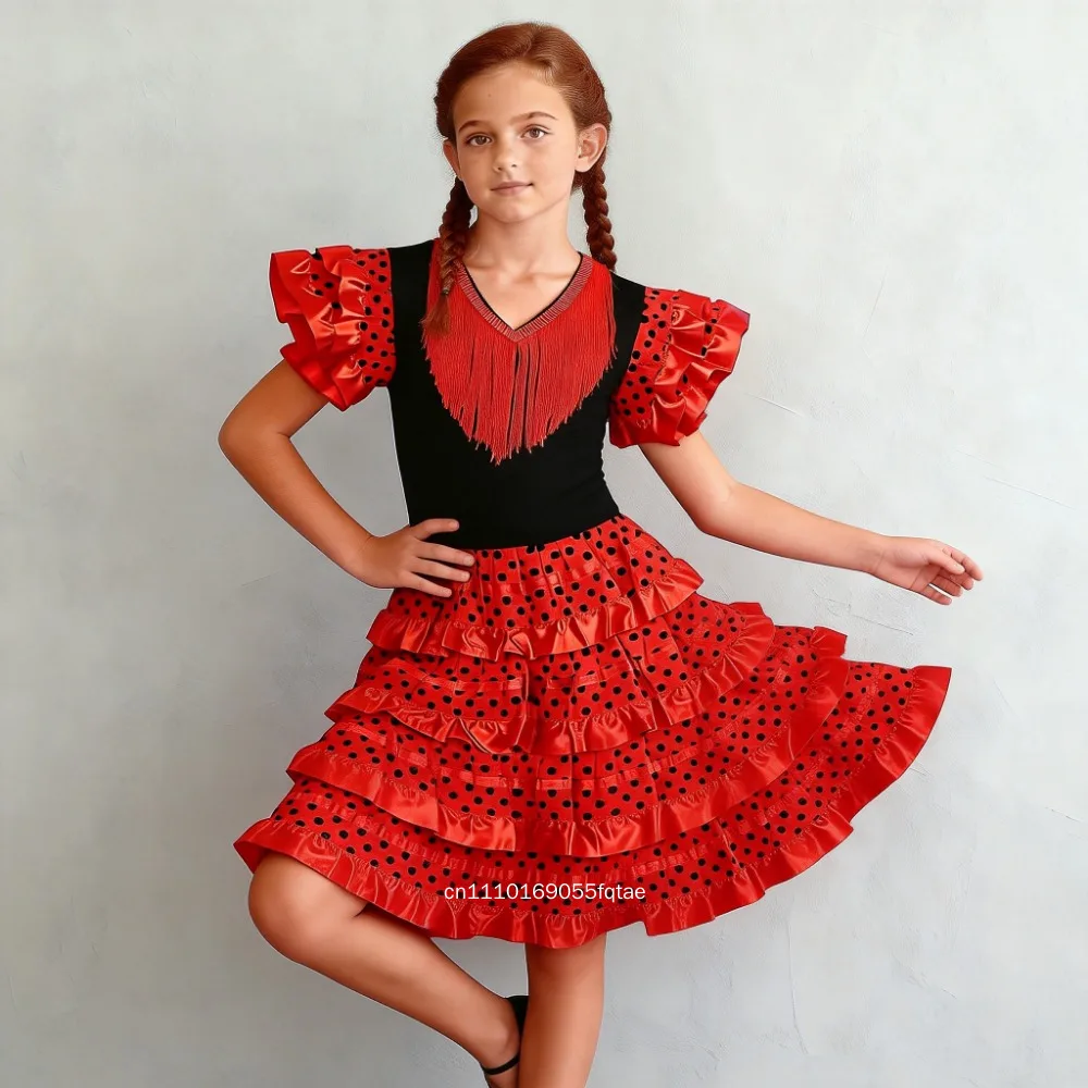 Spanish Flamenco Dance Dress For Girls Kids Children Festival Performance Costume Ruffle Ball Gown Party Stage Wear Elegant Folk