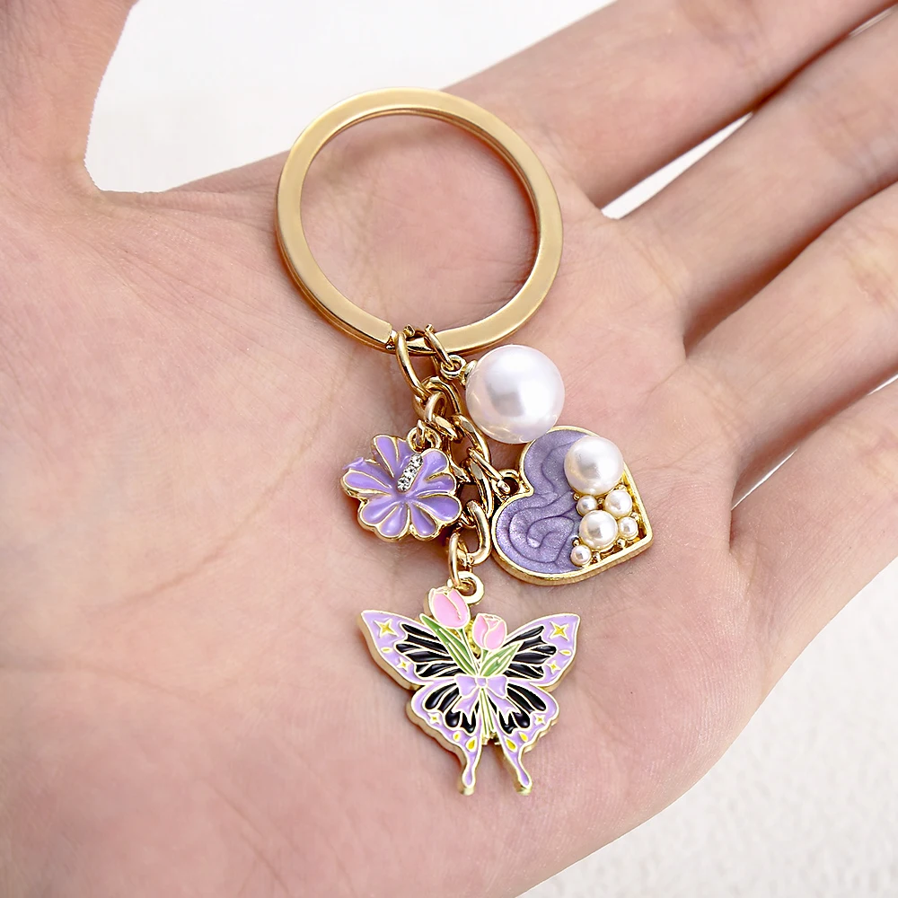 Cute Enamal Butterfly Keychain Aesthetic Pearl Heart Daisy Pendant With Key Ring For Backpack Bag Coin Purse Decor Girls Gift