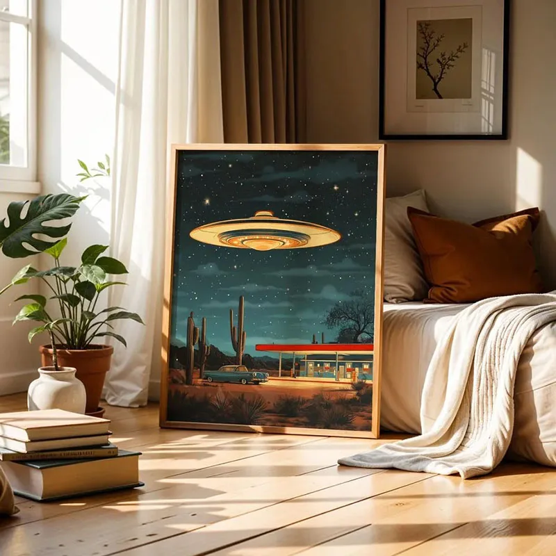 Vintage UFO Poster Art Classic UFO Scene  Retro Spaceship Art Flying Saucer Art Sci-Fi Decor Weird Space Decor