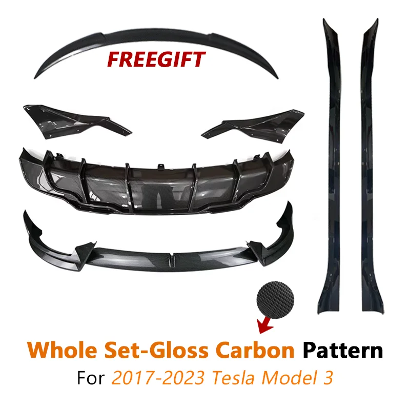 FADT Sport Body Kits Voor Tesla 2017-2023 Model 3 Bumper Lip Achter Lip Side Rok Tunning Gloss Black koolstofvezel Auto Accessorie