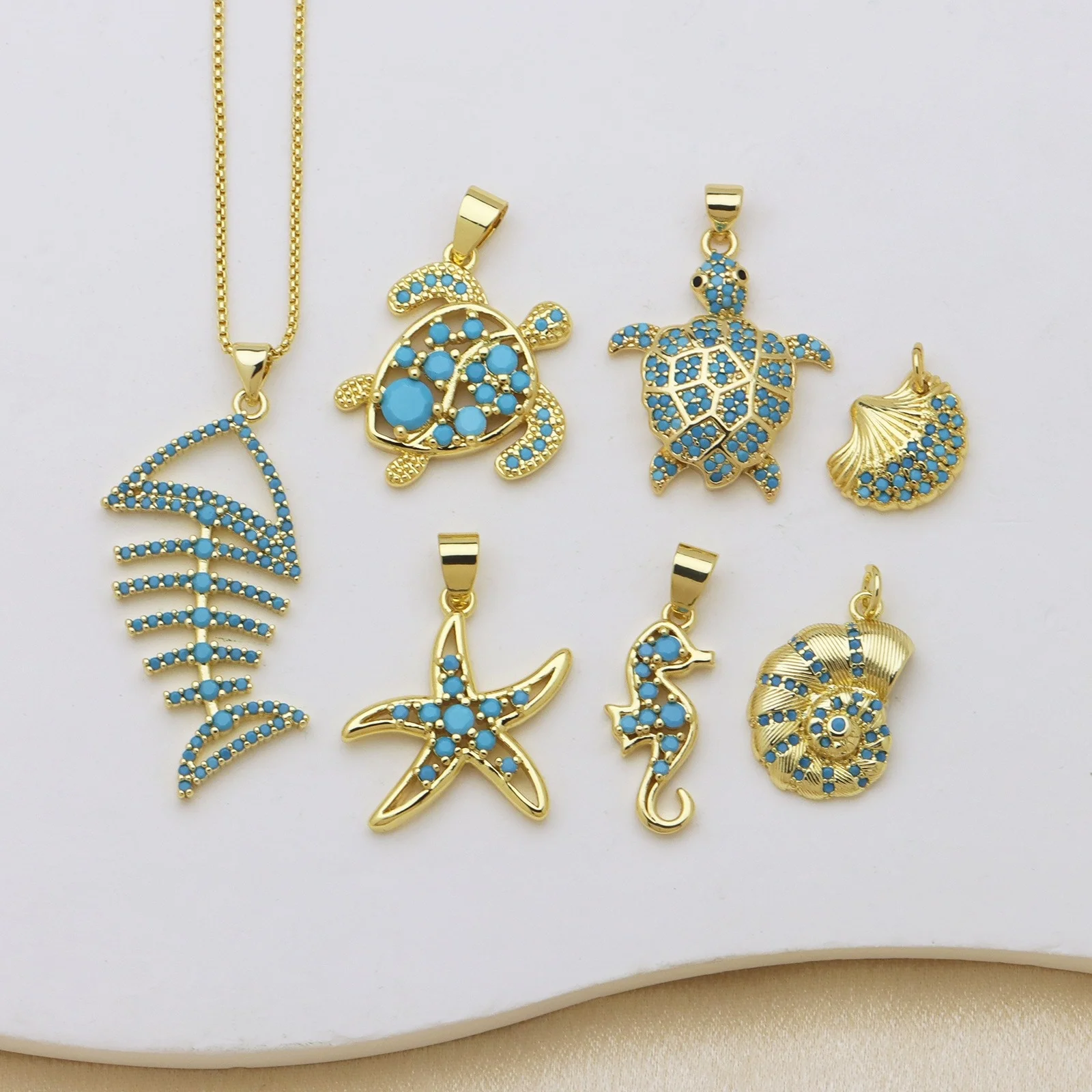 1pc Vintage Blue Cubic Zirconia Pendant Ocean Fish Shell Turtle Brass Ocean Jewelry 18K Gold Plated Charms DIY Necklace Jewelry