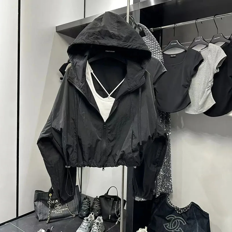 Summer Thin Sun Proof Jacket Women Y2K Korean Fashion Streetwear Zipper Crop Tops Loose All-Match Long Sleeve Hooded Outerwear