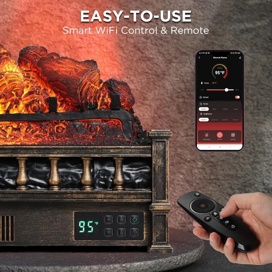 Eternal Flame 26 in. WiFi Infrared Quartz Electric Fireplace Log Heater with Sound Crackling Realistic Pinewood Logs Adjustable