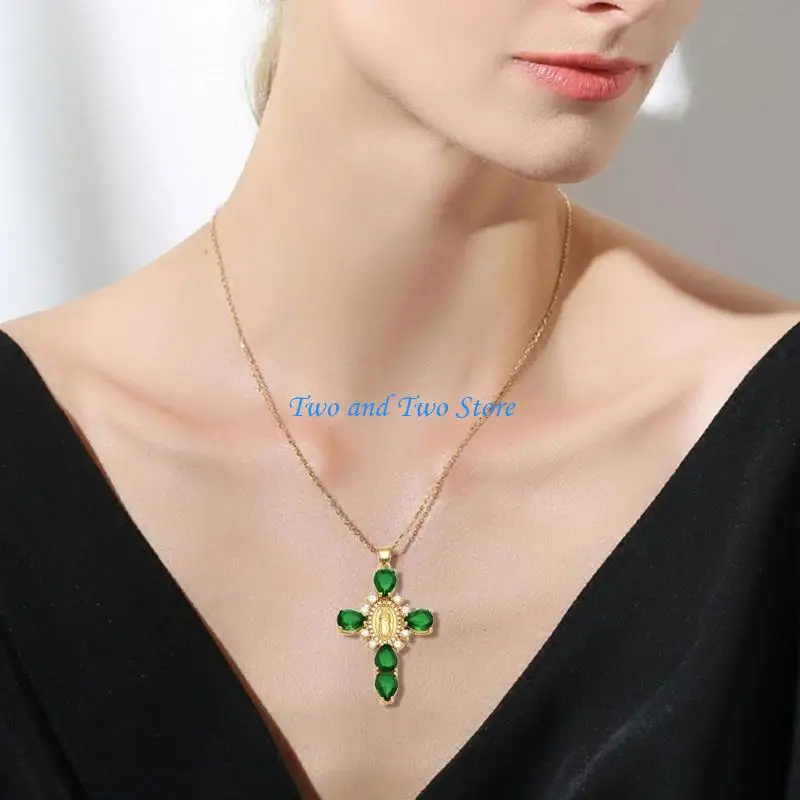Collar delicado cruces vírgenes HX6F adornado con diamantes, dije cadena ajustable para cuello para estilo
