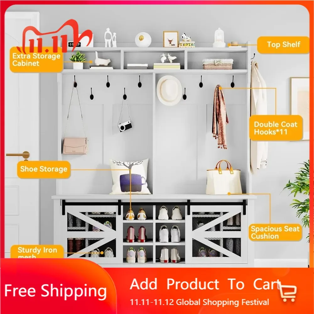 

59" wide hall tree with shoe storage, farmhouse entryway bench with coat rack, 16 shoe cubbies with adjustable shelves & 12 coa