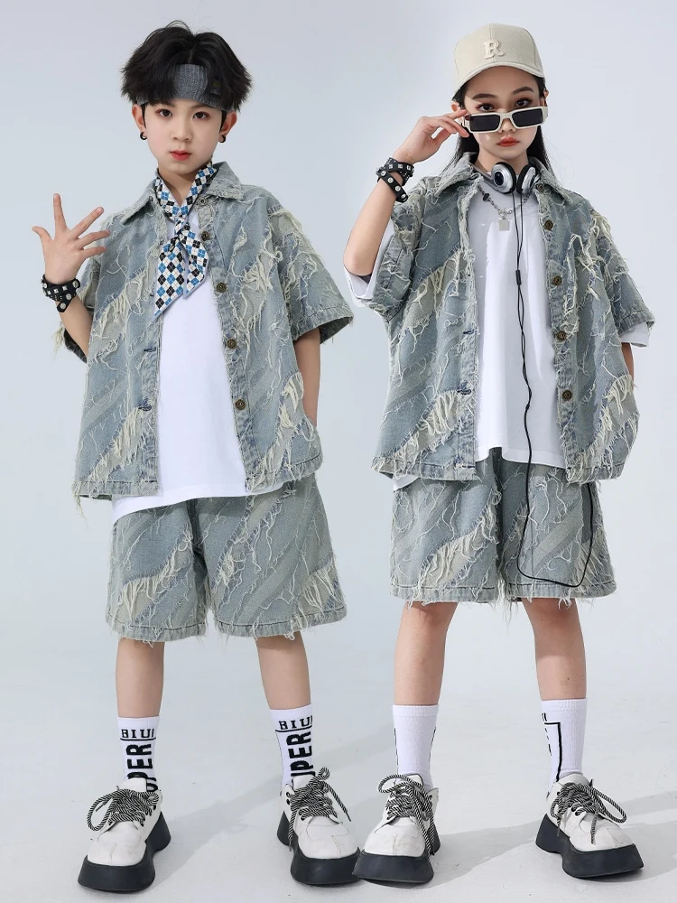 Kids Hip Hop Dance Costume Boys Denim Set SHort Sleeves Shirt Drum Jazz Performance Clothes For Girls Stage Outfits Rave BL13099