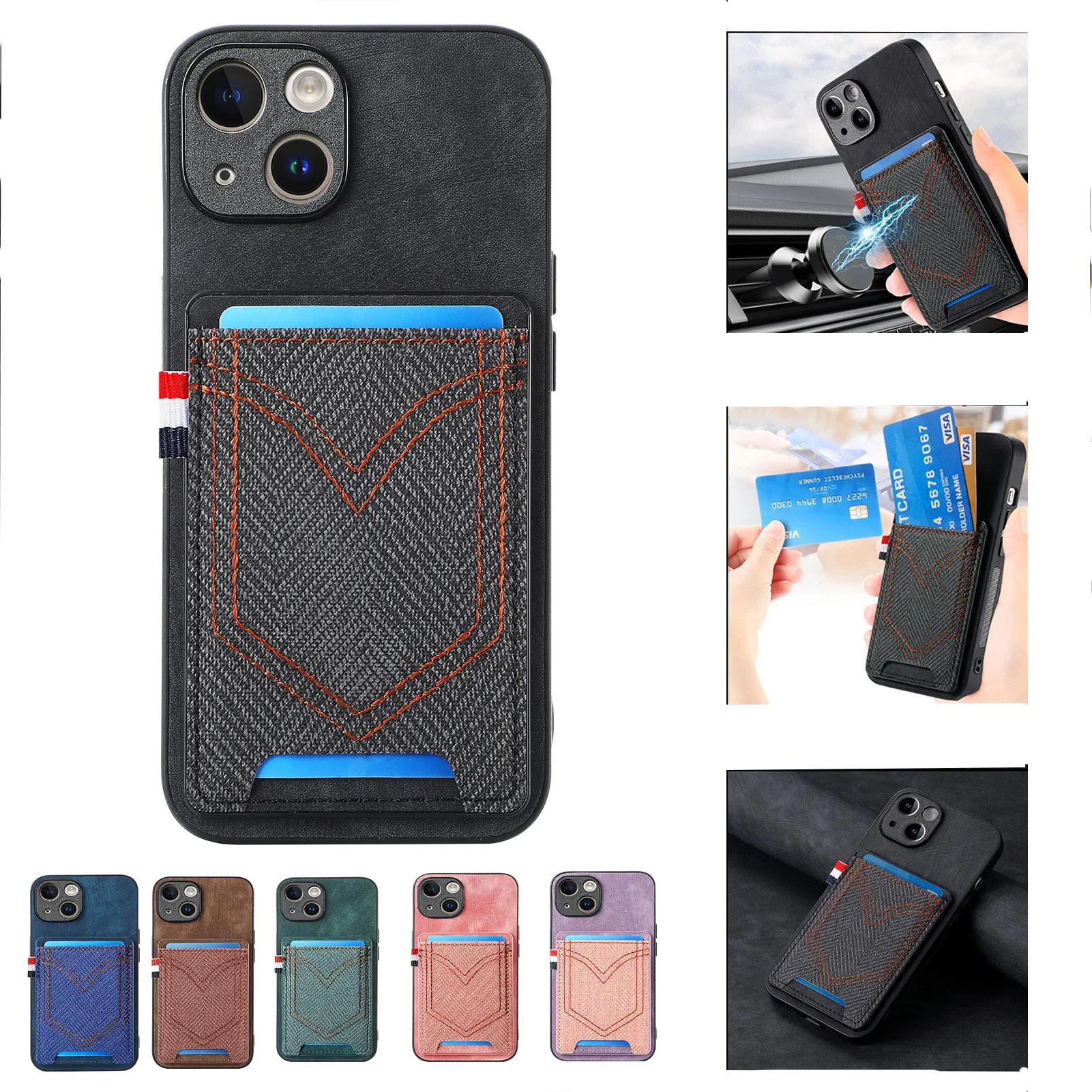 

Jeans Pocket Case For iPhone 16 Pro Max 15 Plus 14 13 12 11 XS XR 8 7 Magnetic Holder Card Bag Anti-Scratch Phone Cover Funda