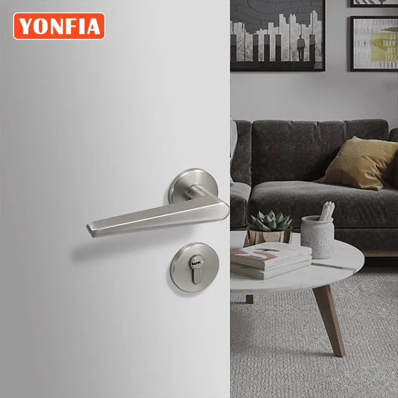 

YONFIA A8115R01 Silver Brushed Nickel Modern Aluminium Alloy Lever Door Handles Minimalist Wood Door Lock Set For Interior Door