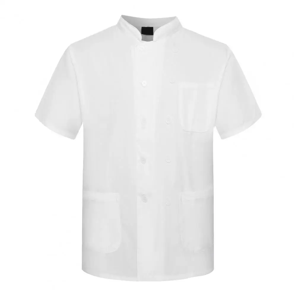 Uniforme de Chef profissional com gola alta para homens, unissex, mangas curtas, trespassado duplo, design para restaurante