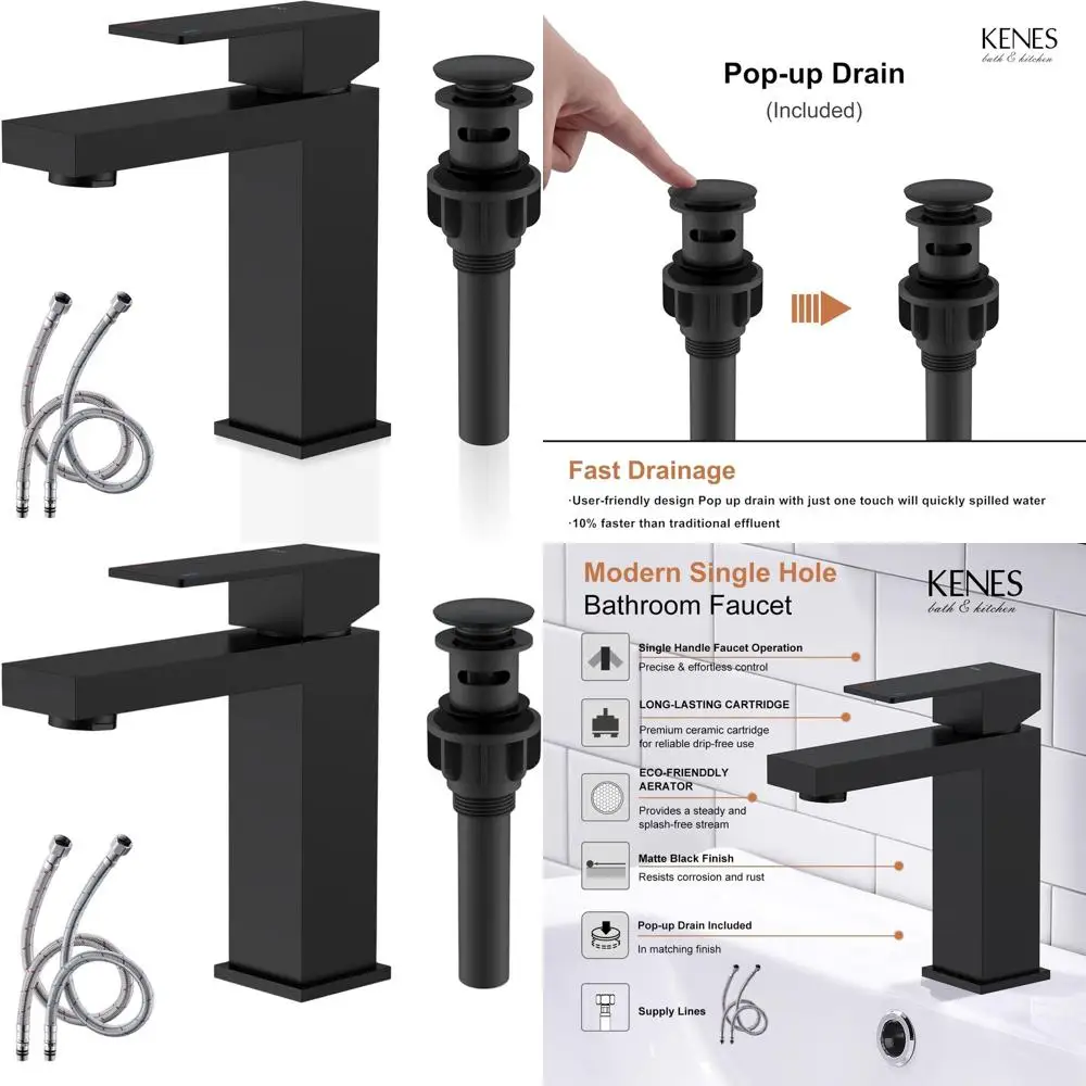 

Matte Black Single Handle Sink Faucet, Stainless Steel Vanity Faucet, with Drain Stopper and Water Supply Lines