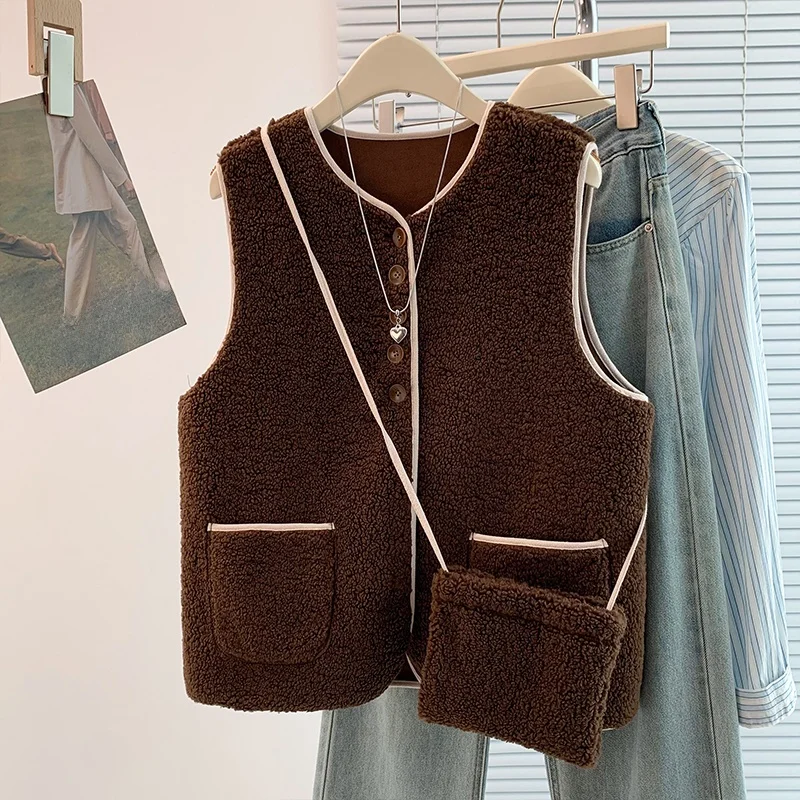 

ort Svel Lamb Fur Vest Bag Contrast Color Autumn Winter Vintage Warm Women's Jaet Polyester Fiber Versatile Sle