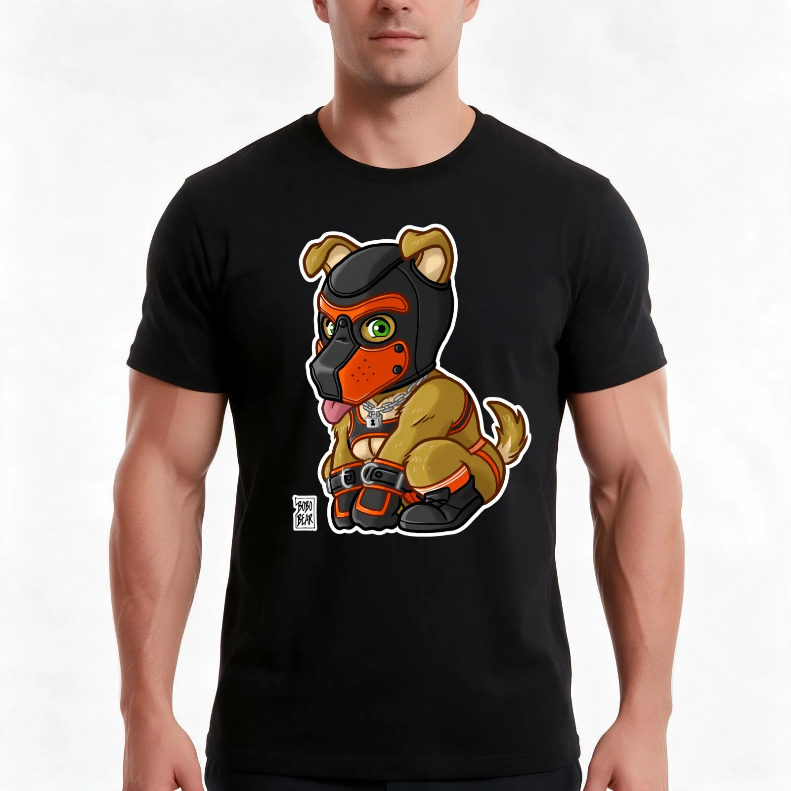 PLAYFUL PUPPY - ORANGE MASK - BEARZOO SERIES T-Shirt, Summer Casual Cotton Tee, Oversized Streetwear Tops, Vintage Graphic Print