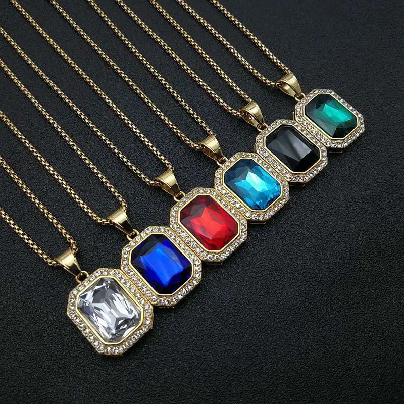 Elegant Square Gem Pendant Necklace - Stainless Steel Multi-Color Rhinestone Fashion Jewelry