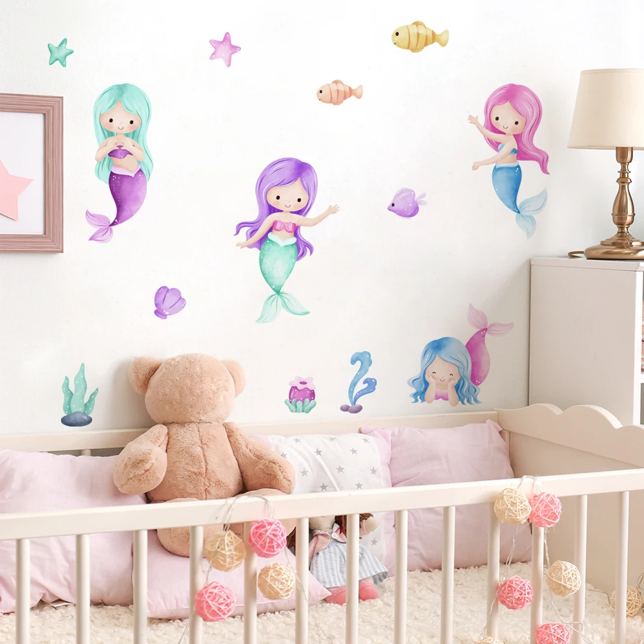 

Cartoon Mermaid Fish Starfish Watercolor Wall Stickers for Girl Kids Room Baby Nursery Wall Decals Home Decorative Stickers pvc