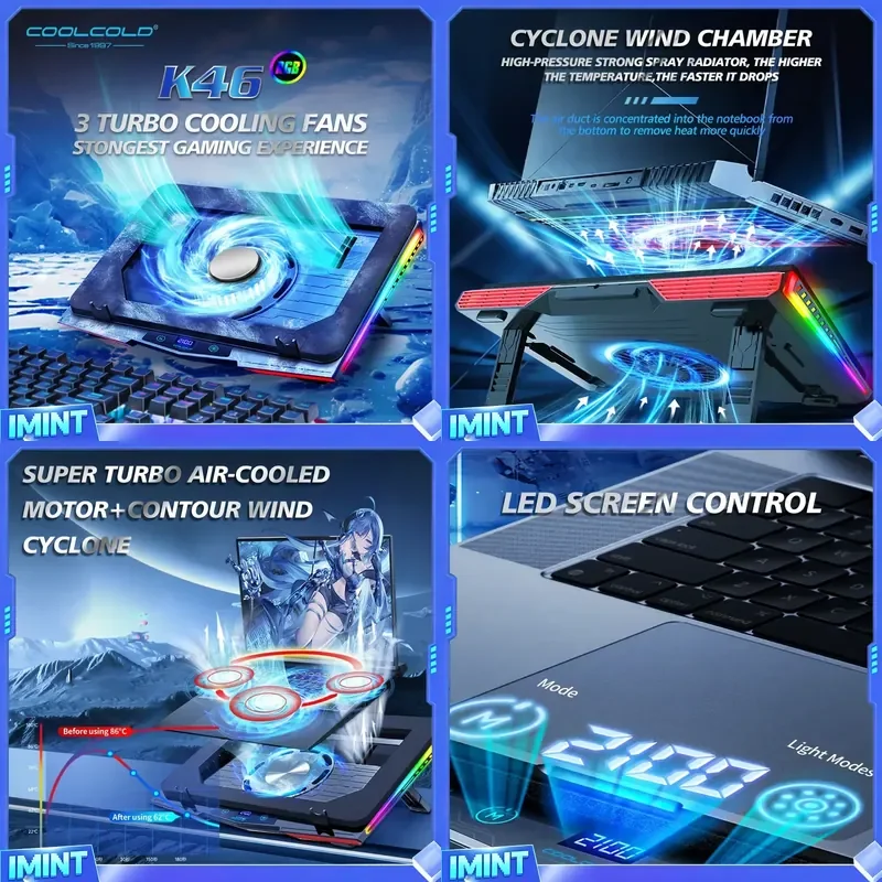COOLCOLD Air Compression RGB Laptop Cooling Pad - Ultra-Quiet USB Cooler, Fast Heat Dissipation & Adjustable Stand