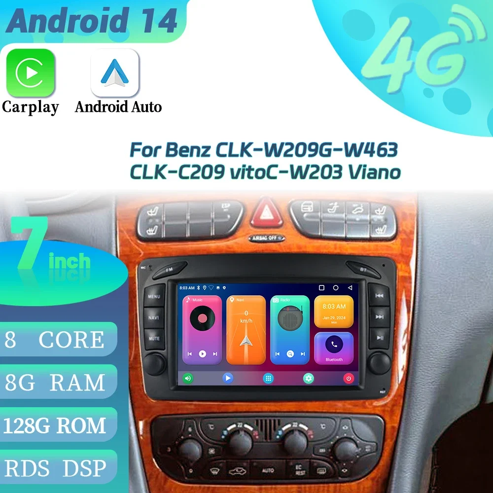 Android Car Radio For Benz CLK-W209 G-W463 CLK-C209 vito C-W203 Viano Carplay GPS 2 Din Multimedia Screen Console Stereo Panel