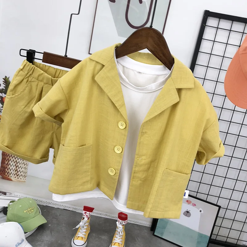 

Summer Children's Suit Two-Piece Set Boys' Short Sleeve Flower Boy Formal Cotton Linen Casual Suit Set