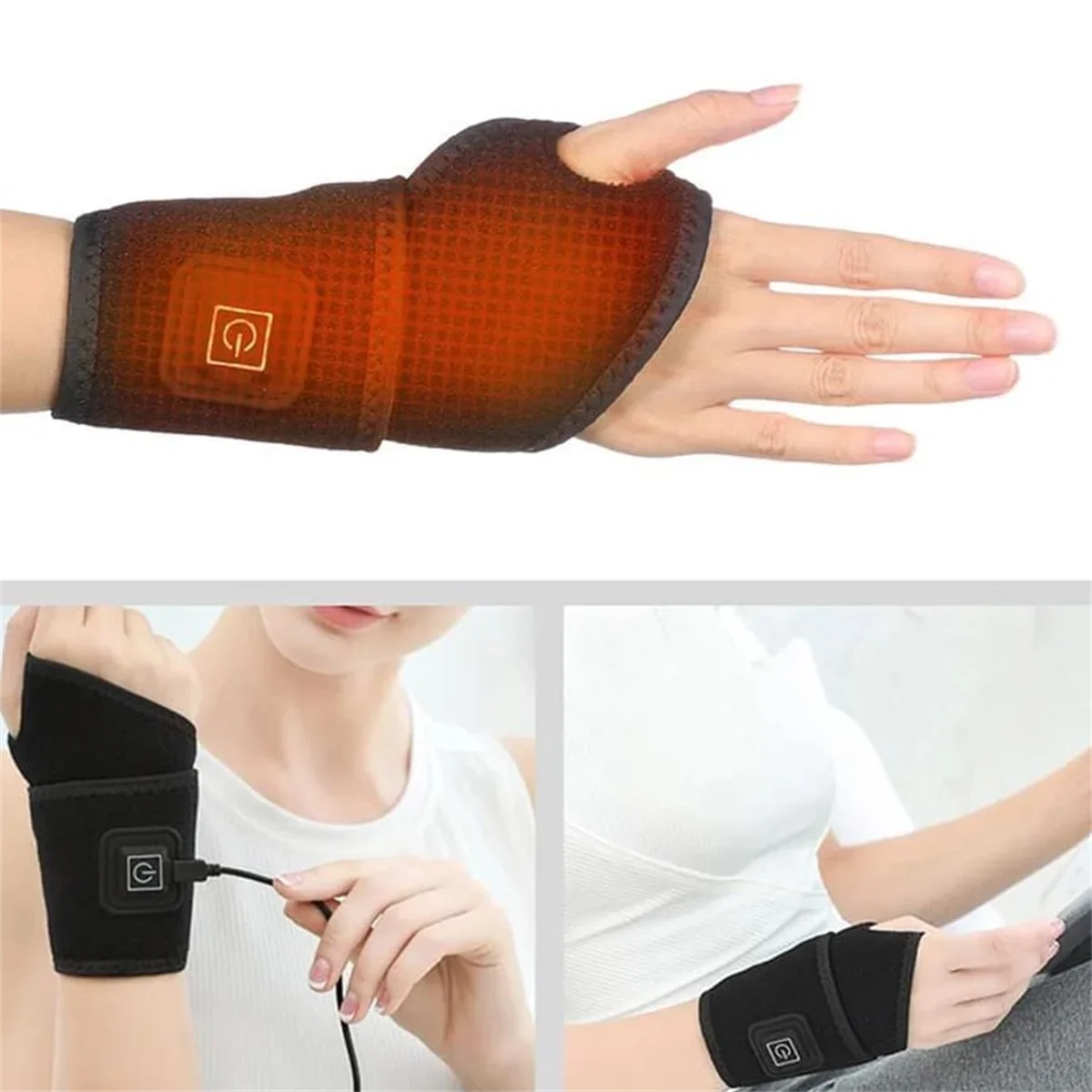 Electrically heated wrist brace with adjustable and breathable black strap for sports and hand joint protection tools image 2