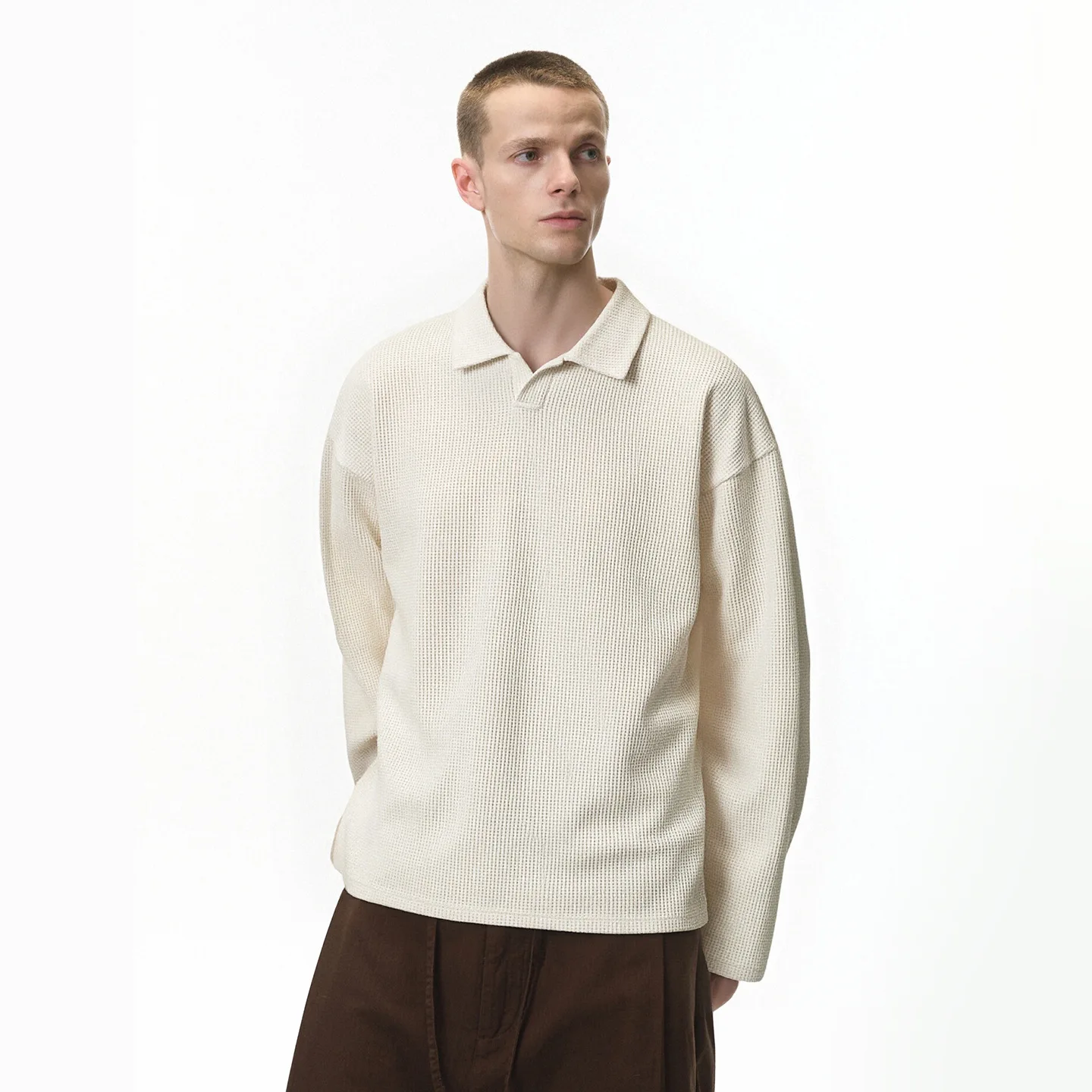 تي شيرت بولو بأكمام طويلة للرجال من New Season مع ياقة النورس - ملابس شارع كاجوال بلون سادة #1