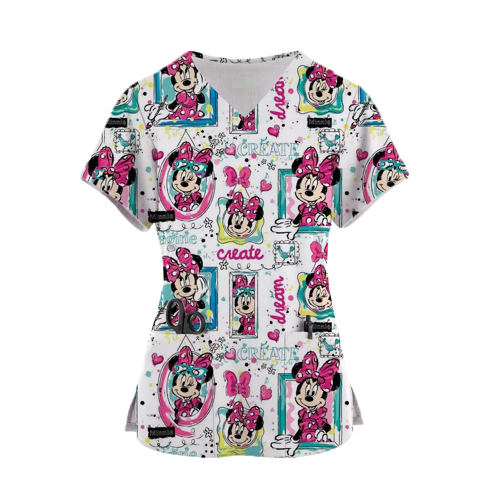 Women Minnie Mickey TShirt Short Sleeve Nurse Uniform Hospital Workers Disney Print Graphic V-Neck Tops Kawaii Working Uniform