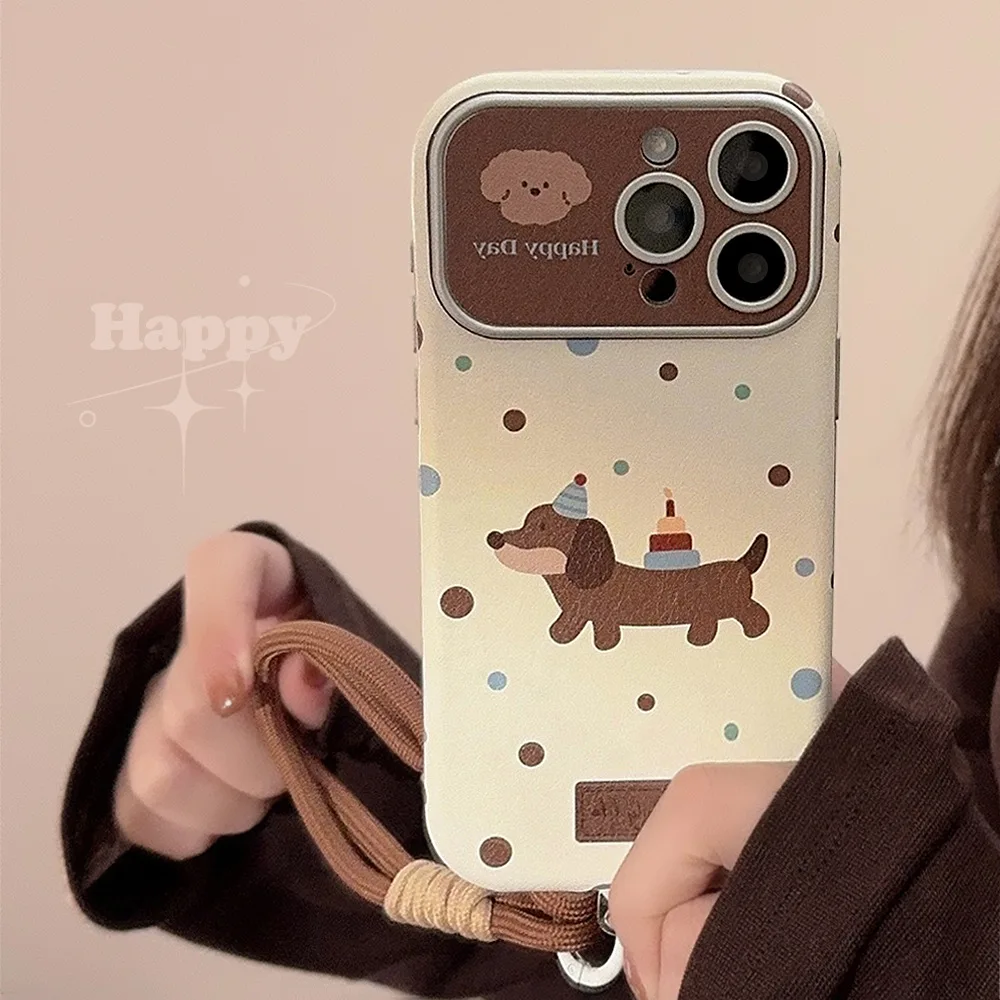 Happy colorful dog leather 3D cover bracelet phone case for iphone 13 14 16 pro max 15 promax ins cute puppy back cover