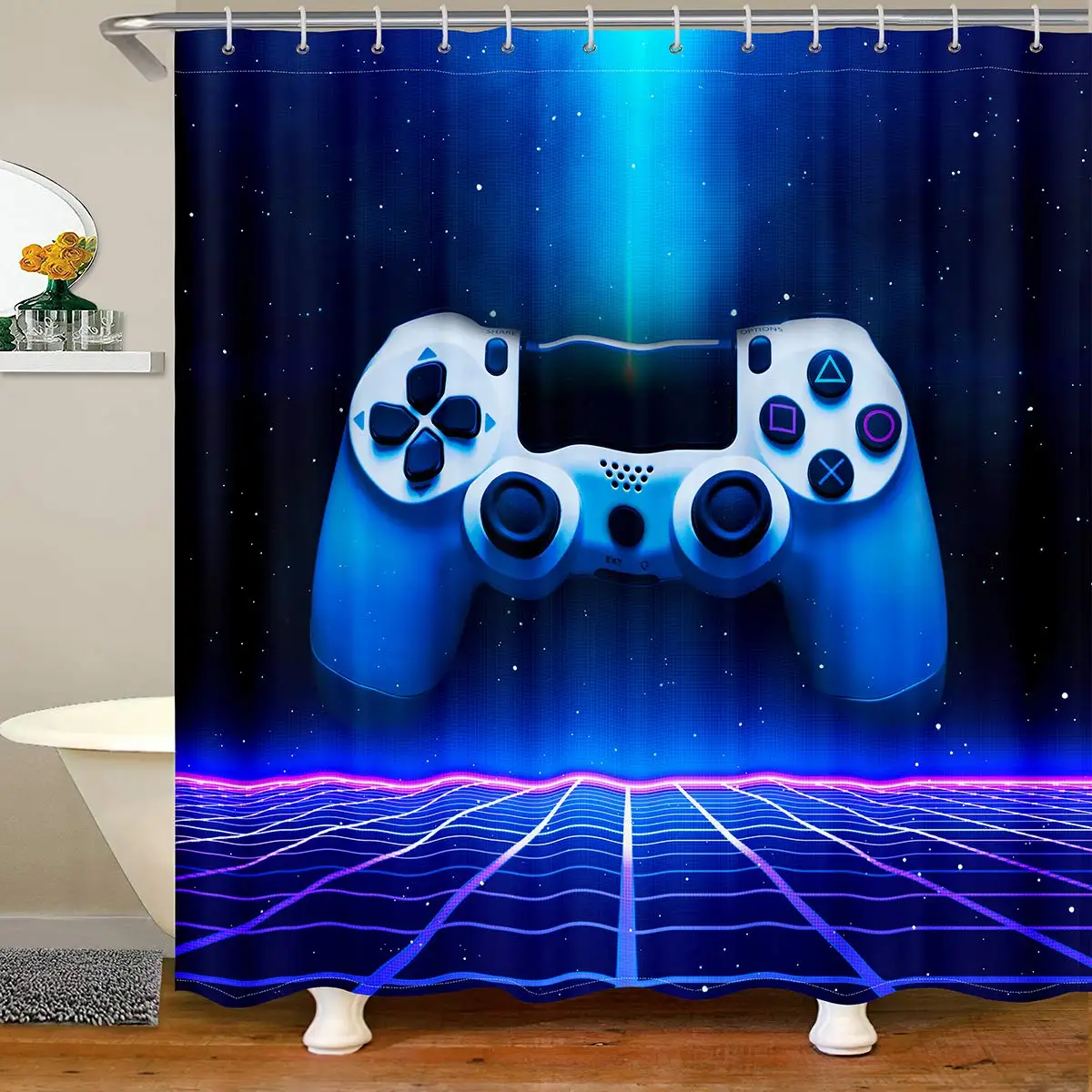 

Boys Gaming Shower Curtains Blue Gamepad Gamer Waterproof Shower Curtain Teens Kids Video Games Action Buttons Decor Bath