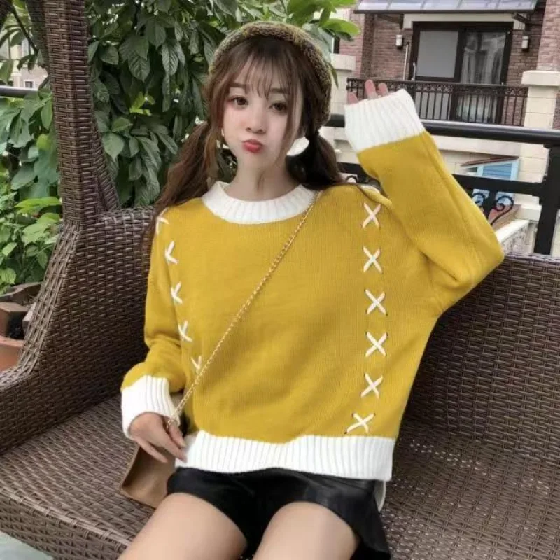 Women Spring Autumn Yellow Patchwork Knitted Pullover Sweaters Sweet O-Neck Front Short Back Long Slit Knit Pullover Cottagecore