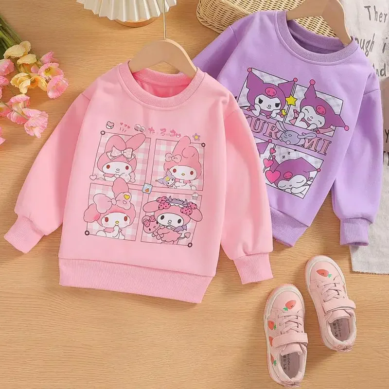 Anime Sanrios Cinnamoroll Melody Children Clothes Cute Cartoon Sweatshirt Kuromi Round Neck Hoodie Long Sleeve T-Shirt Toys Girl