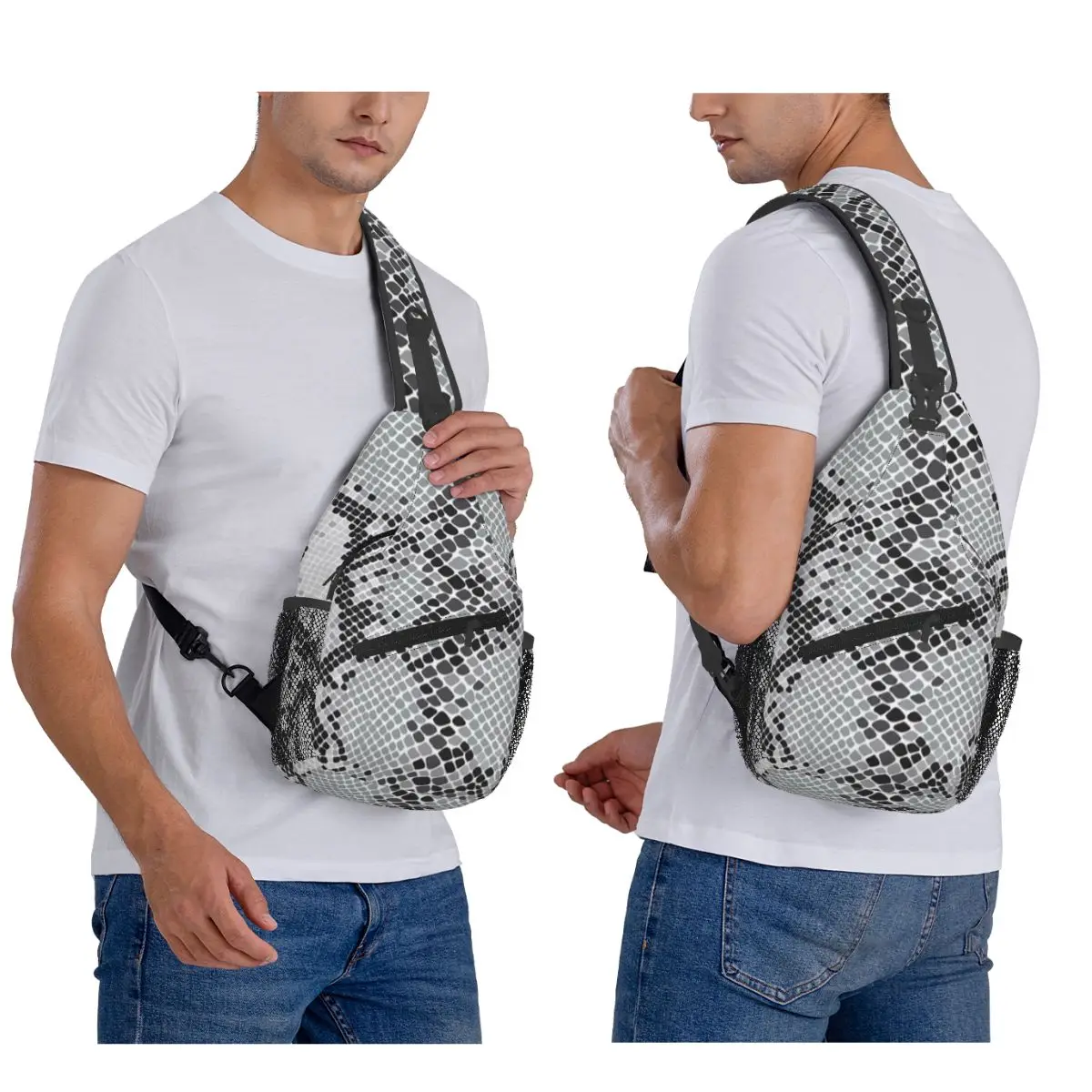 Gray Snake Skin Animal Print Chest Bag Men Sling Crossbody Backpack Chest Bag Traveling Hiking Daypack Shoulder Bag