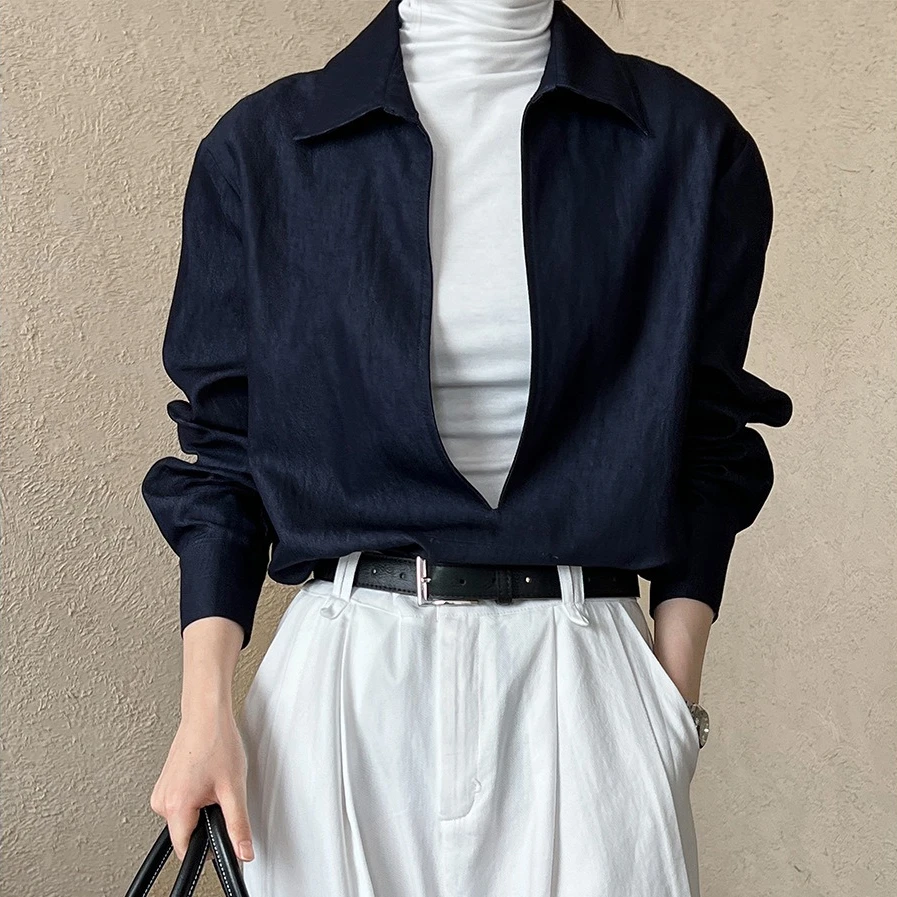 

Blouses Women Denim Shirt Vintage Zipper Turn Down Collar Full Sleeve Tops Y2k Streetwear Elegant Splice Shirts 2026 Spring