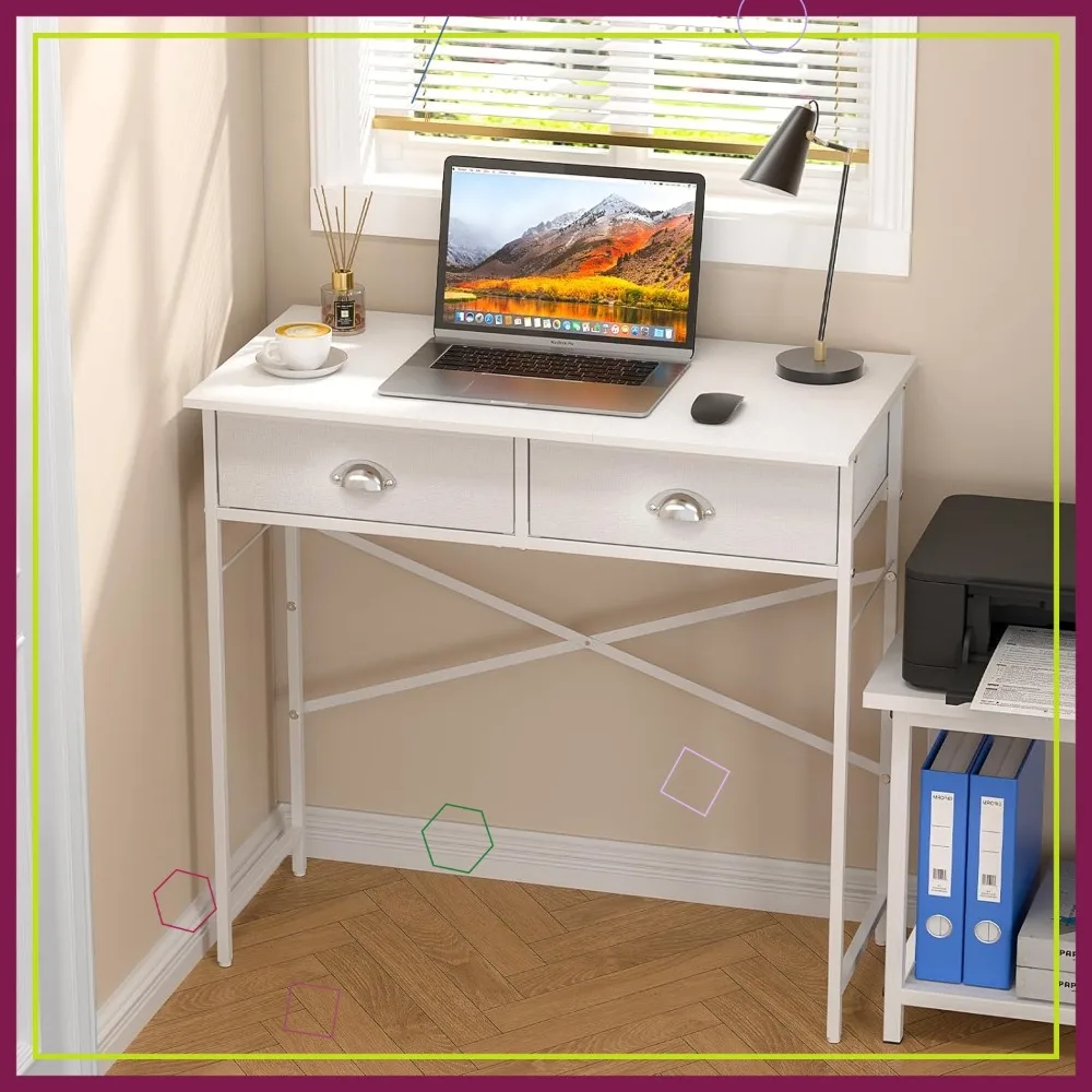 

Детский письменный стол 31,5-дюймовый белый компьютерный стол с 2 тканевыми ящиками для небольших помещений