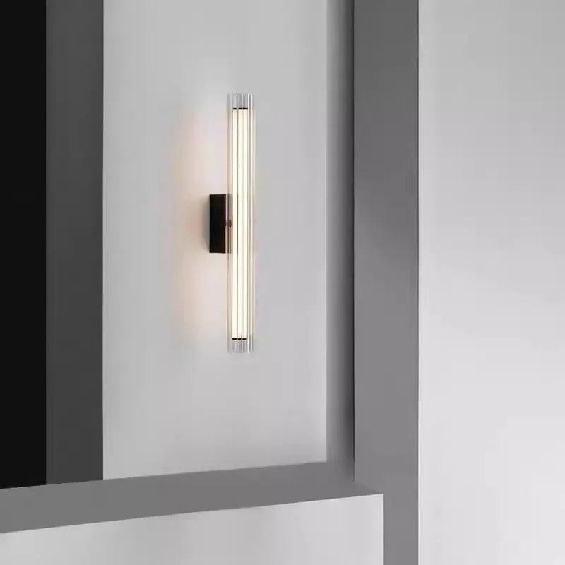 Modern Long Linear LED Wall Sconce Vertical Ribbed Clear Black Wall Lamp For Bathroom Vanity Bedroom Corridor Background Decor